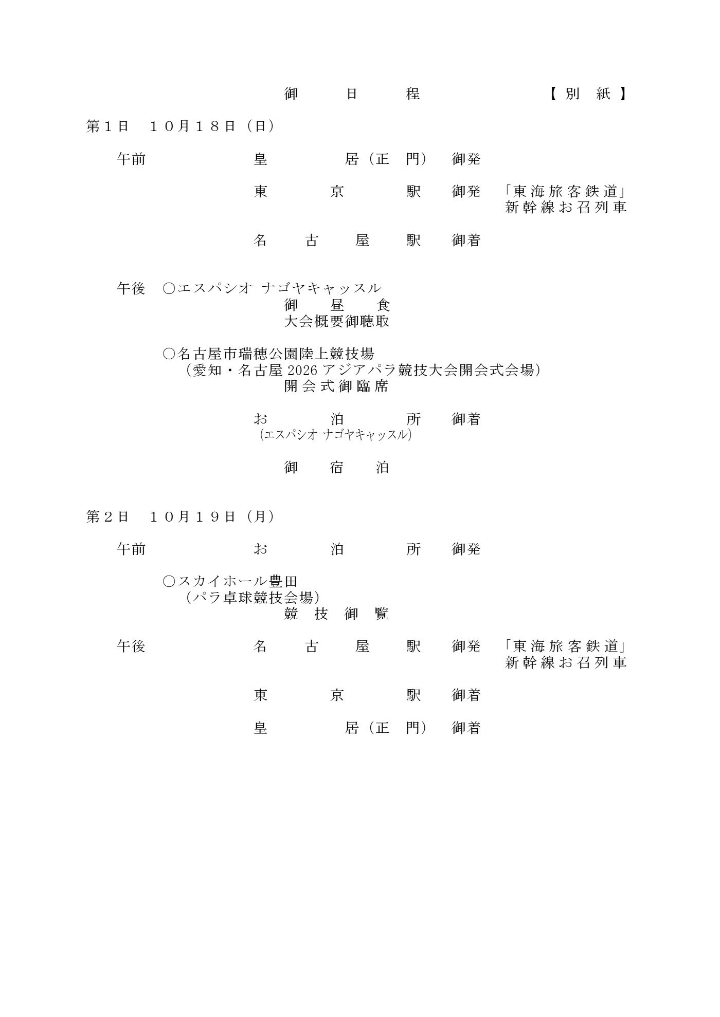 天皇陛下豊田市ご訪問　御日程